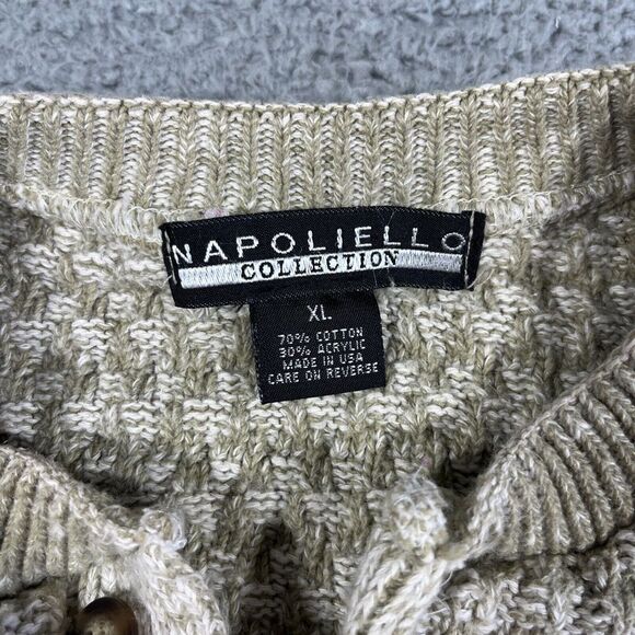 VINTAGE Napoliello Sweater Men XL Beige Cable Knit Preppy Made USA 90s Henley - Picture 2 of 6